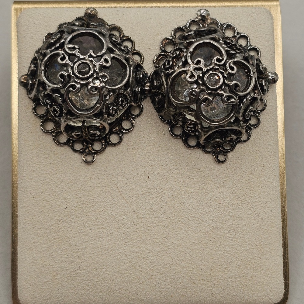 Oversized Gunmetal Tone Filigree Dome Earrings Sculptural Ornate Statement